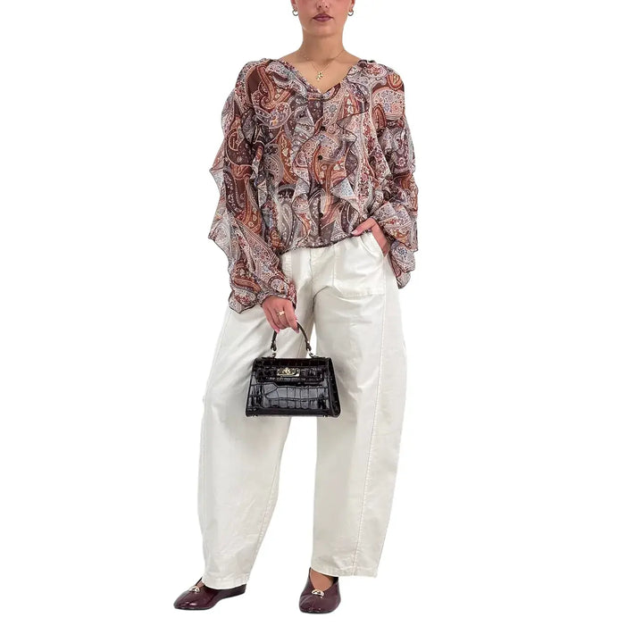 Bassini Blusa Donna Marrone con Stampa Cashmere, Scollo a V e Rouches sulle Maniche