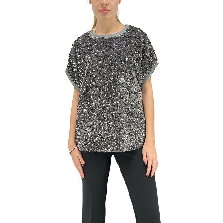 Motel Maglia Donna, T-Shirt, Girocollo, Full Paillettes, Argento