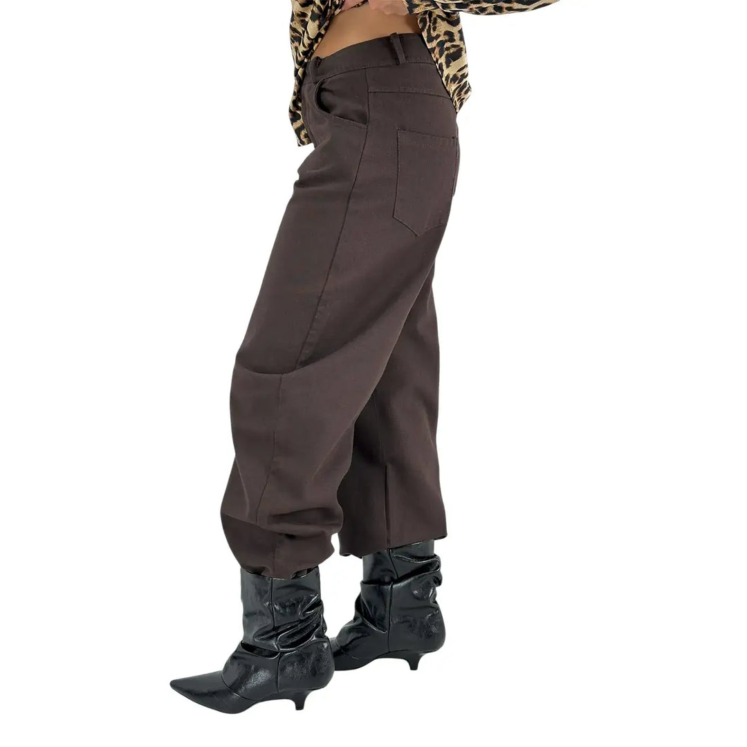 Bassini Pantaloni Donna Banana Cioccolato in Bull di Cotone Oversize a Cinque Tasche