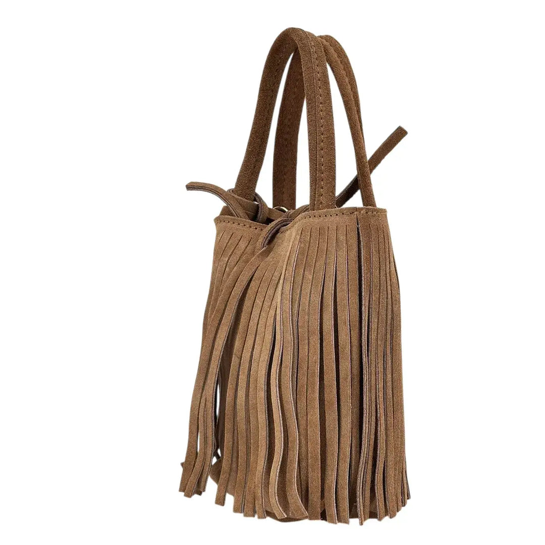 Bassini Borsa Donna Mini in Pelle Scamosciata con Due Manici, Tracolla Rimovibile e Frange Cognac