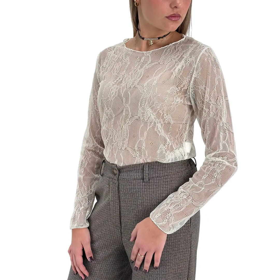 Bassini T-Shirt Donna Avorio in Pizzo con Girocollo e Maniche Lunghe