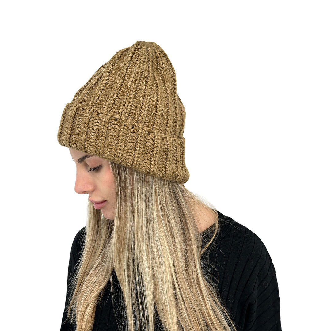 Bassini Cappello Donna, Coste, Risvolto, Tricot, Beige