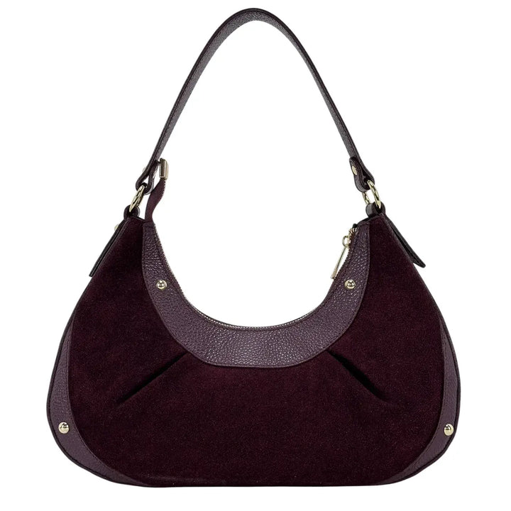 Bassini Borsa Donna a Mezza Luna in Pelle Scamosciata Burgundy con Rifiniture in Pelle Dollaro e Borchie Oro