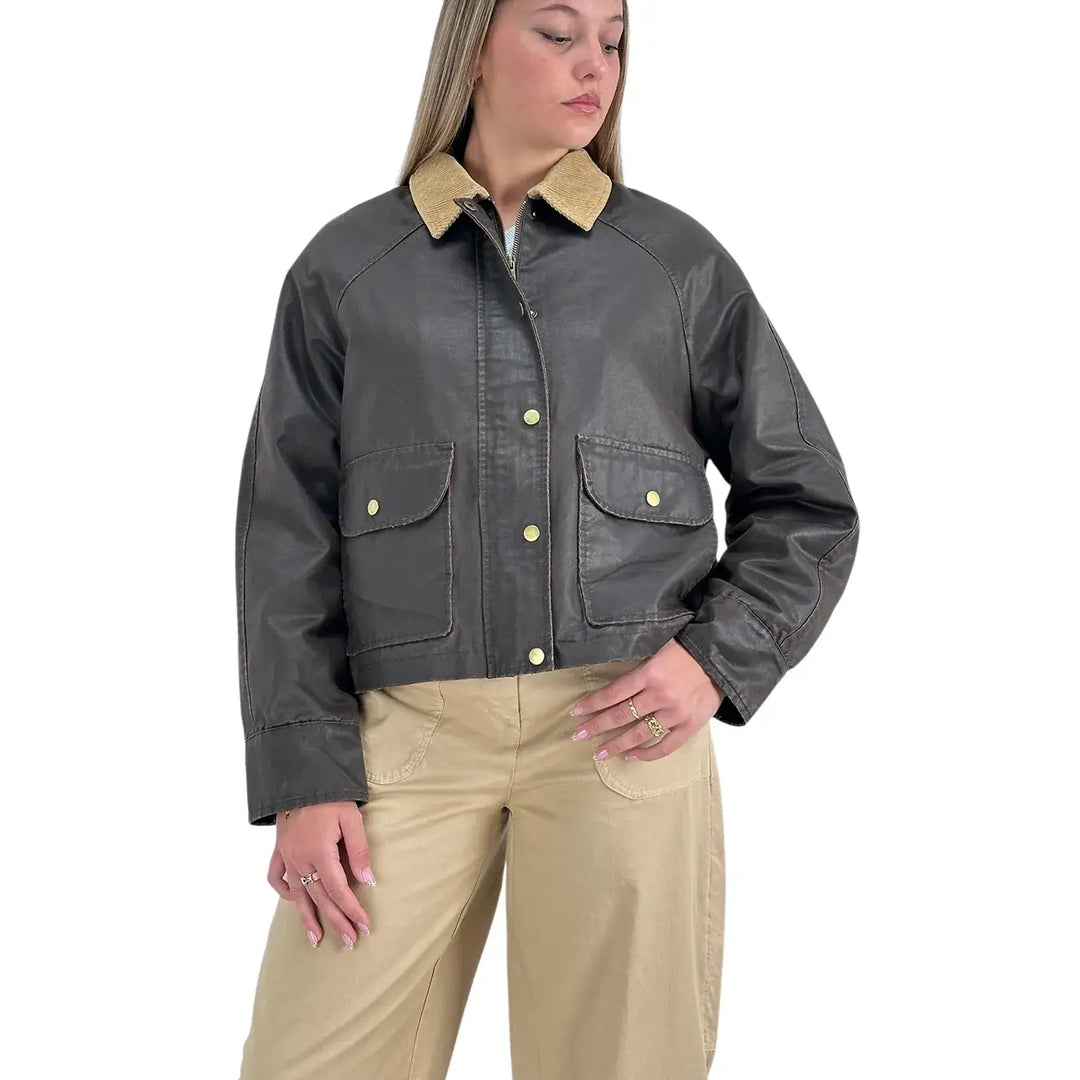 Bassini Giacca Donna Marrone Effetto Cerato Crop con Collo in Velluto Beige e Imbottitura