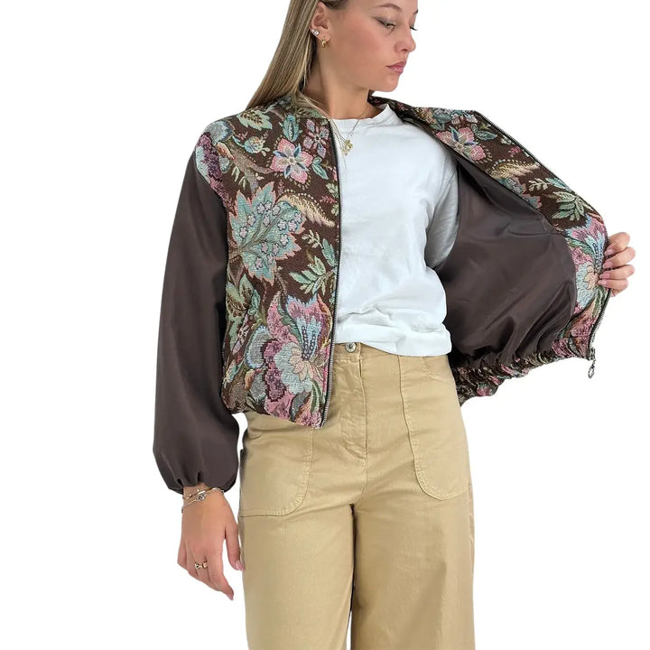 Bassini Bomber Donna Vino Jacquard con Maniche Cioccolato, Tasche Laterali e Imbottitura