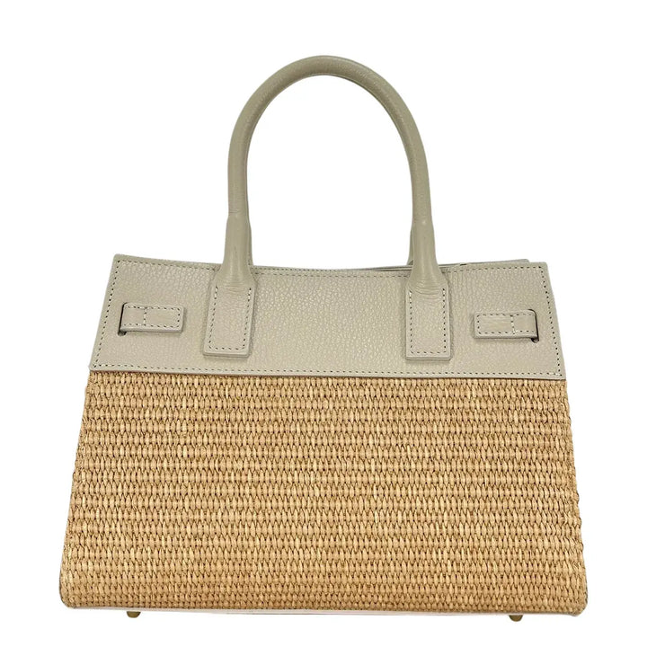 Bassini Borsa Donna in Raffia e Pelle Avorio con Due Manici Tracolla Rimovibile e Girello