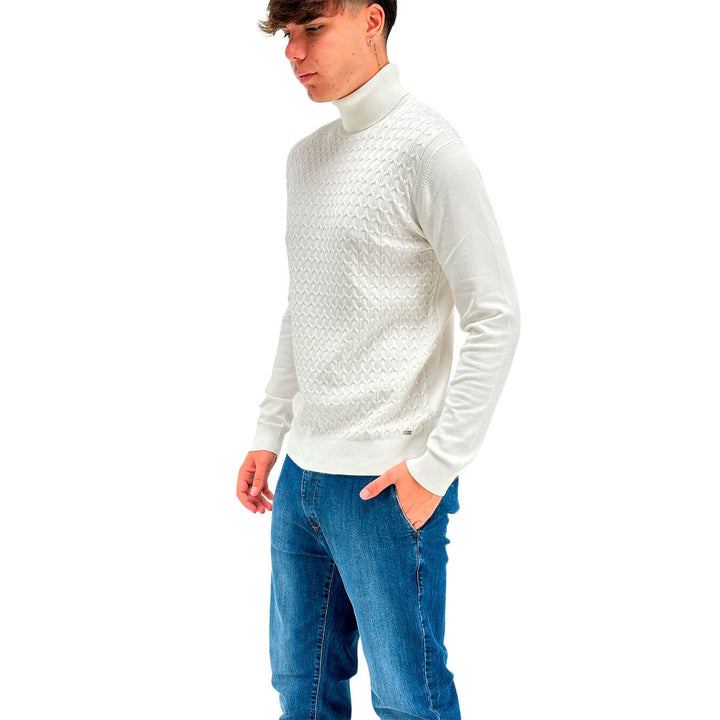 MarKup Men's Sweater, High Neck, Braid Pattern, Mixed Fabric, White