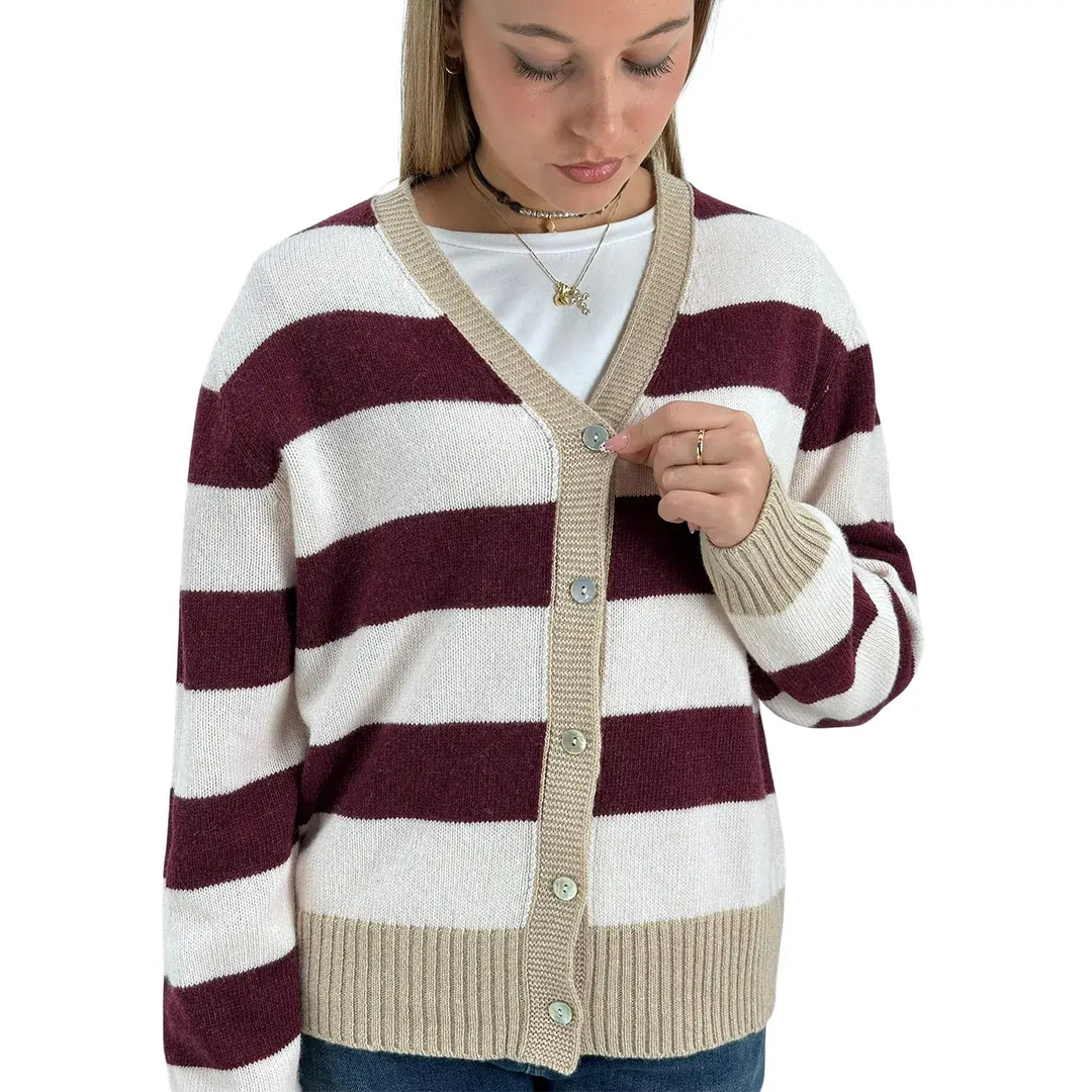 Bassini Cardigan Donna Borgogna e Cipria a Righe con Cinque Bottoni e Coste Cammello