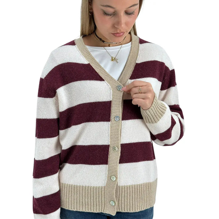 Bassini Cardigan Donna Borgogna e Cipria a Righe con Cinque Bottoni e Coste Cammello