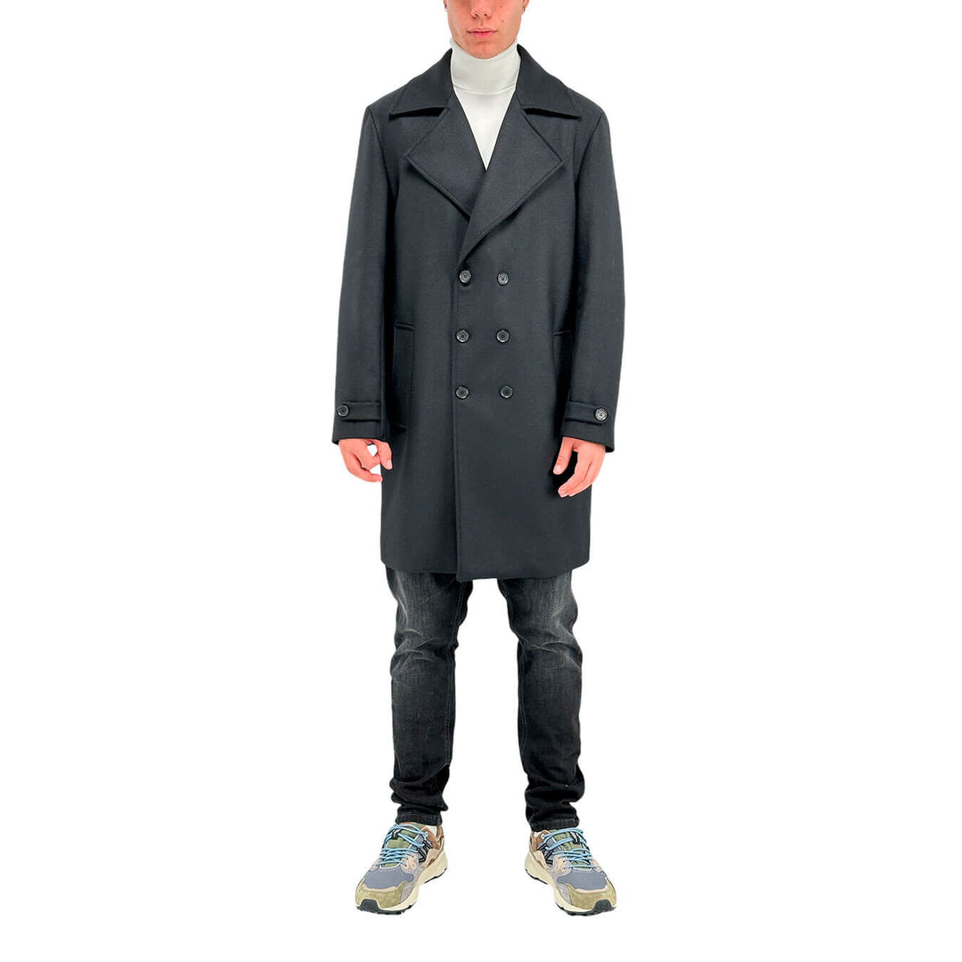 I'm Brian Men's Coat, Double Breasted, Classic Collar, Mixed Fabric, Black