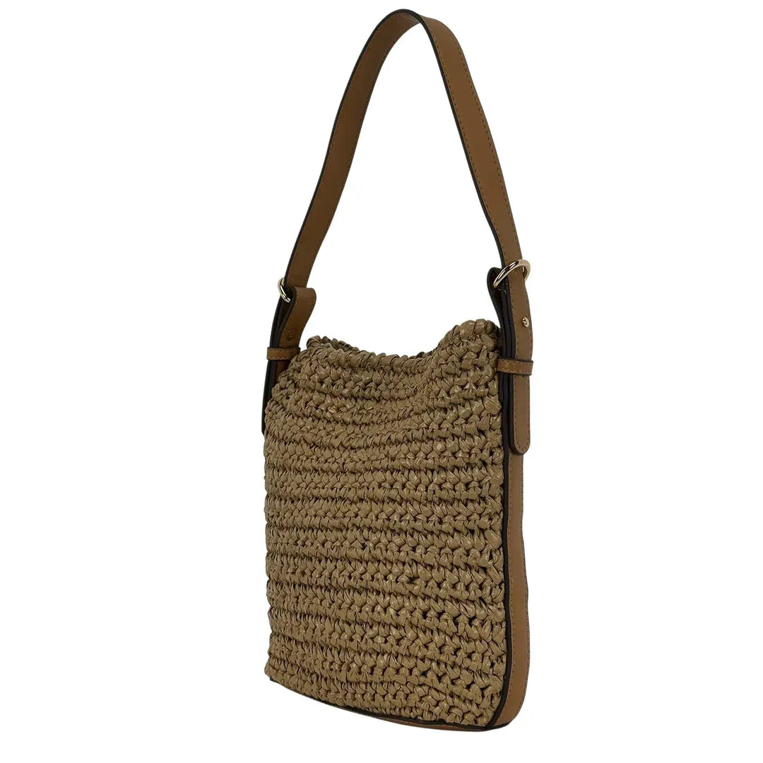 Bassini Borsa Donna Secchiello in Rafia Taupe con Tracolla Ecopelle e Tracolla Rimovibile