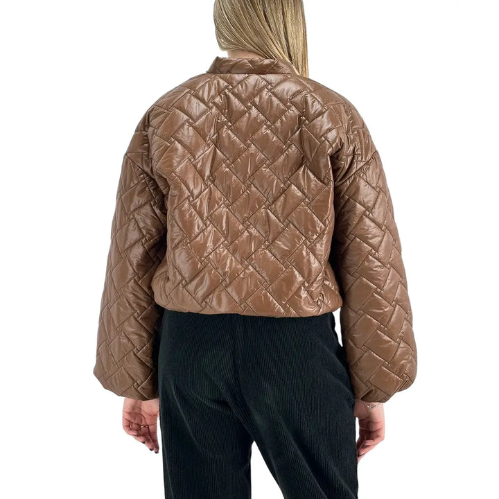 Bassini Piumino Donna Corto Cioccolato Modello Ovetto Trapuntato con Colletto Biker e Zip in Metallo