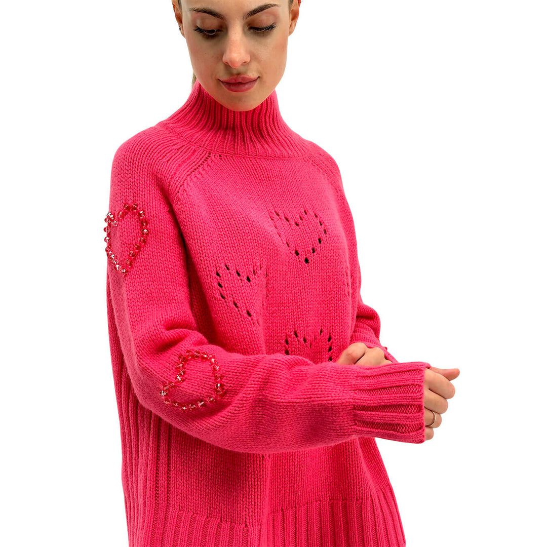 Mc2 Saint Barth Meghan Women's Sweater, Perforated Hearts, Wool, Fuchsia