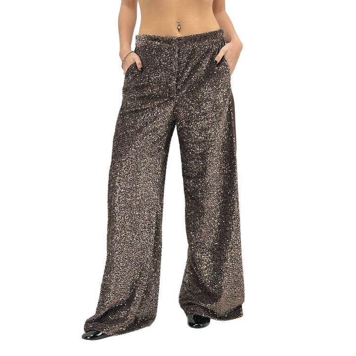 Motel Pantaloni Donna, Full Paillettes e Lurex, Fondo Largo, Marrone