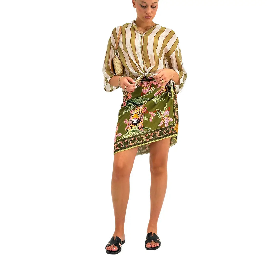 Bassini Camicia Donna Verde a Righe con Nodo Frontale, Collo Coreano e Maniche Corte
