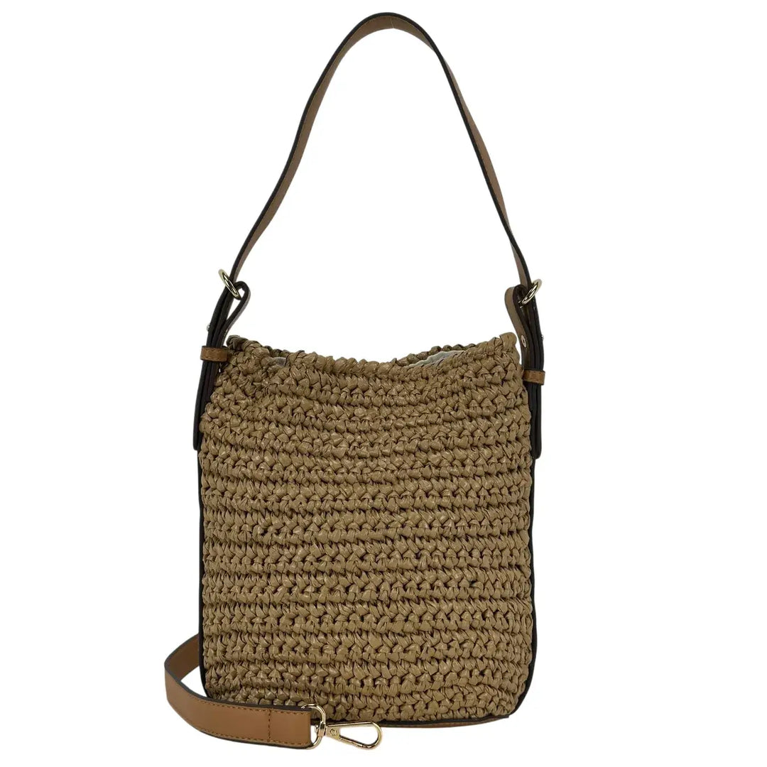 Bassini Borsa Donna Secchiello in Rafia Taupe con Tracolla Ecopelle e Tracolla Rimovibile
