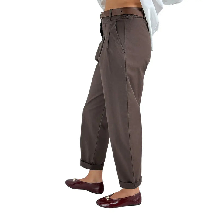 Bassini Pantaloni Donna Cioccolato Oversize con Doppia Pence, Elastico in Vita e Cintura