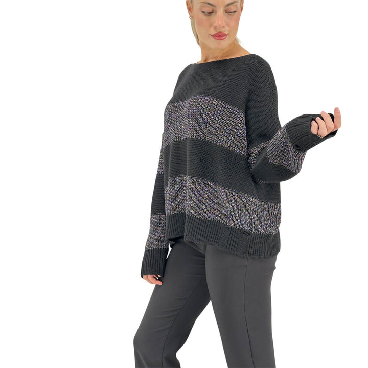 Relish, Maglia, Donna, Righe, Calin, Viscosa, Lurex, Nero