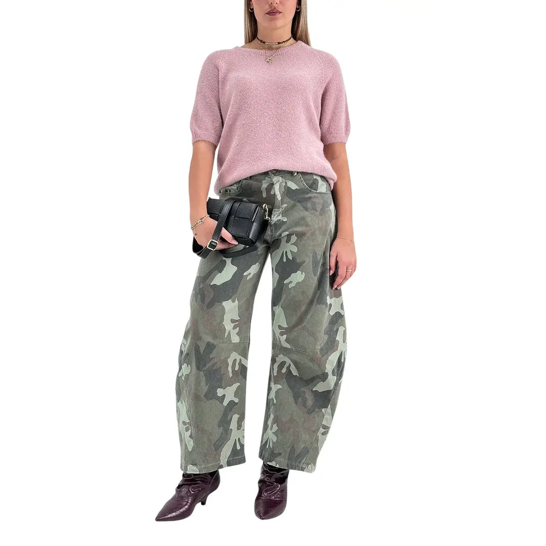 Bassini Maglia Donna Rosa Girocollo Oversize con Maniche Corte Raglan e Orlo a Costine
