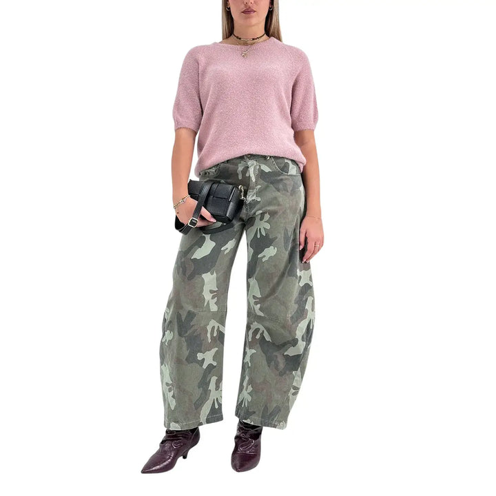 Bassini Maglia Donna Rosa Girocollo Oversize con Maniche Corte Raglan e Orlo a Costine