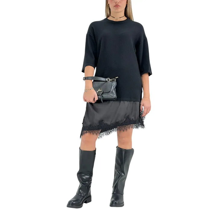 Bassini Abito Donna Nero in Maglia con Balza in Raso e Pizzo e Spacchi Laterali