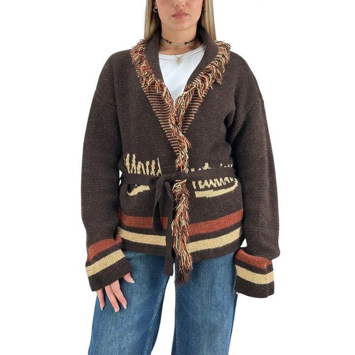 Bassini Cardigan Donna Aperto Cioccolato e Terra di Siena con Cintura in Maglia e Ricamo Mountain