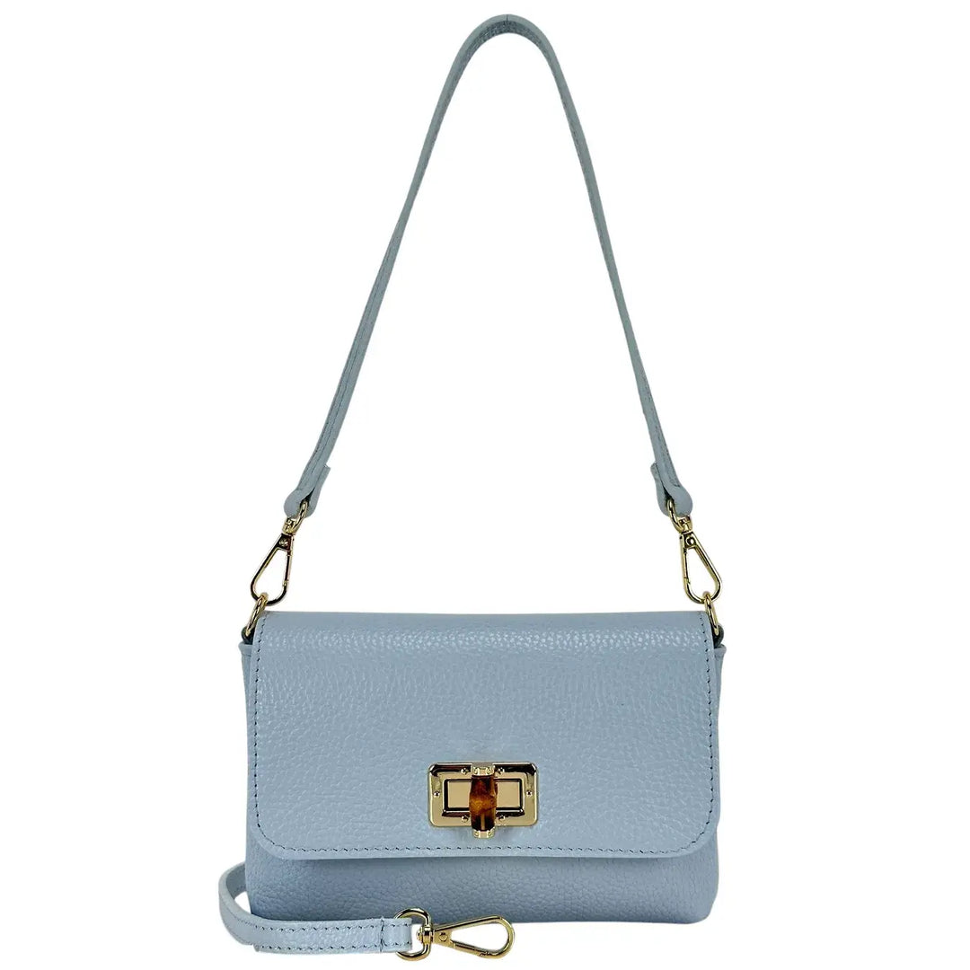 Bassini Borsa Donna Mini in Pelle Celeste con Pattina Chiusura Girello Bambù e Tracolla Rimovibile