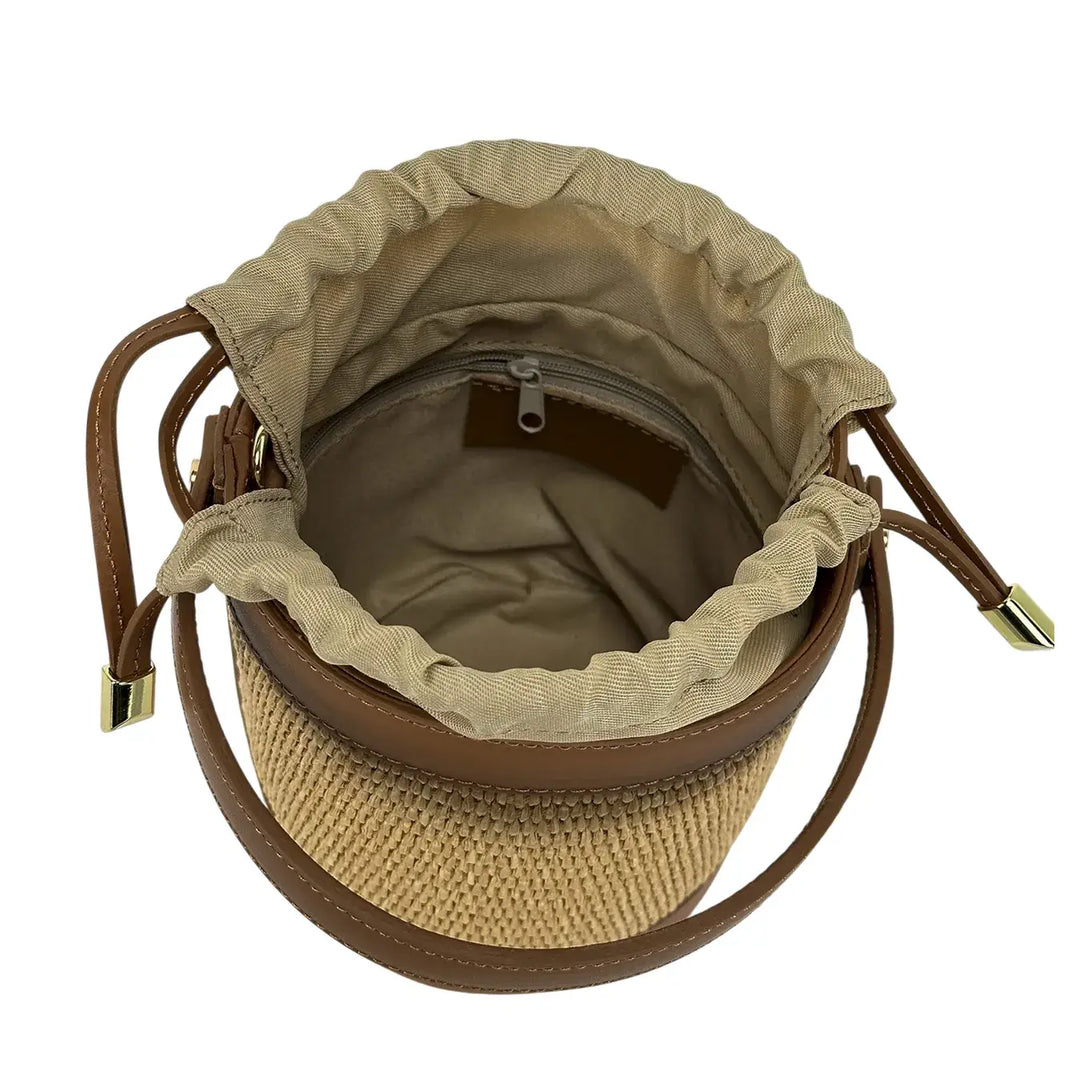 Bassini Borsa Donna Secchiello Piccola in Raffia e Pelle Cuoio con Maniglia e Tracolla