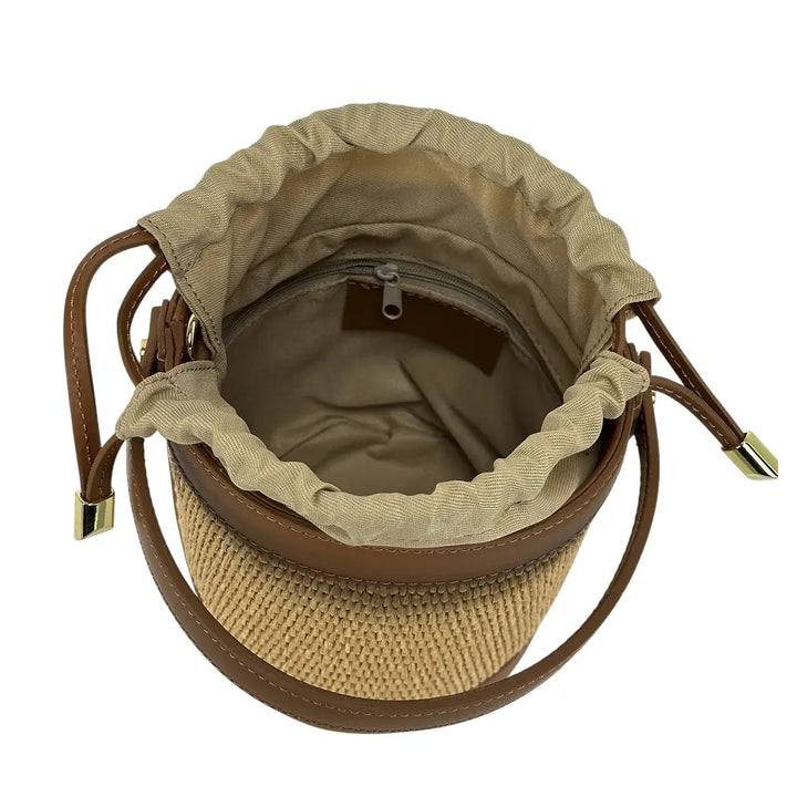 Bassini Borsa Donna Secchiello Piccola in Raffia e Pelle Cuoio con Maniglia e Tracolla