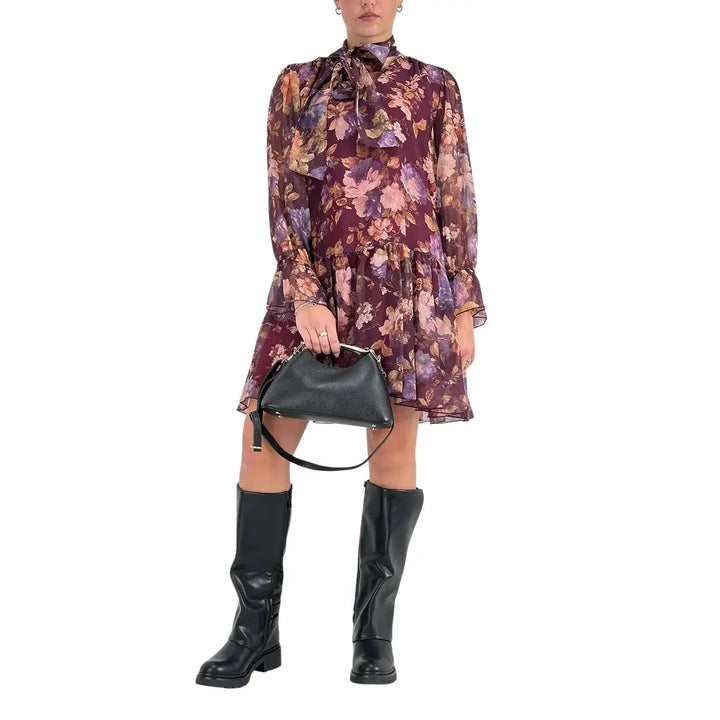 Bassini Abito Donna Corto Vino con Fantasia Floreale, Collo con Fiocco e Maniche Lunghe