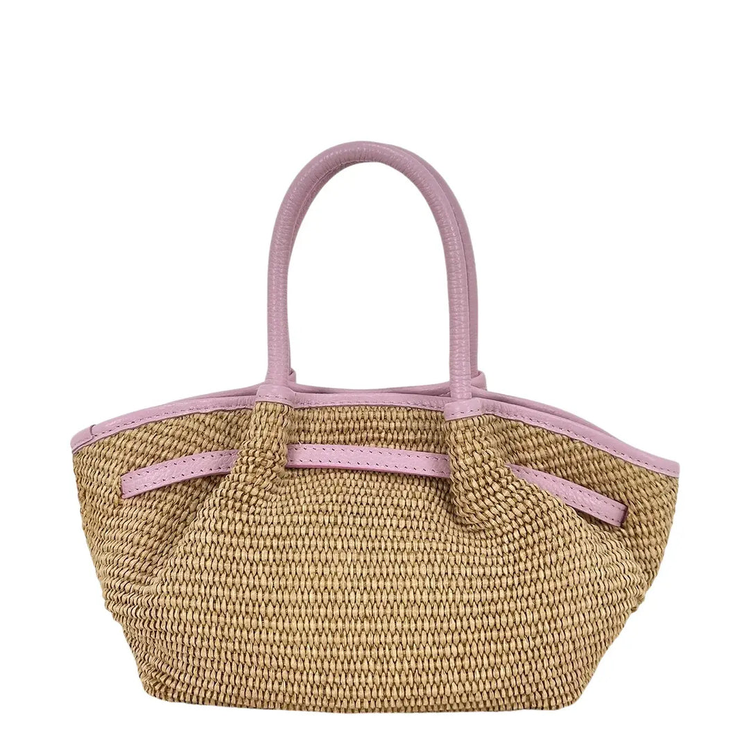 Bassini Borsa Donna in Raffia e Pelle Rosa con Due Manici e Tracolla Rimovibile