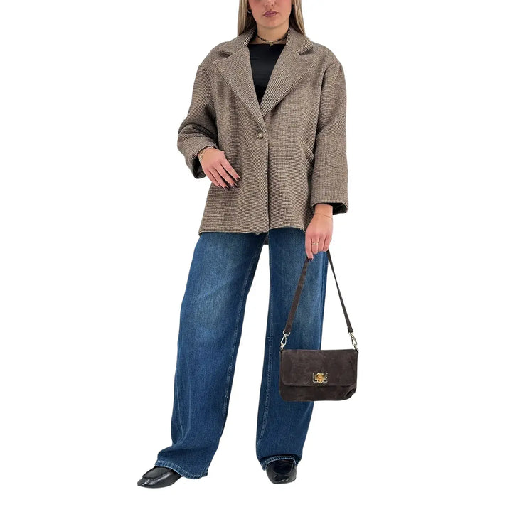 Bassini Cappottino Donna Corto Beige e Marrone Micro Pied de Poule Oversize con Un Bottone