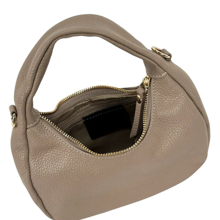 Bassini Borsa Donna Piccola in Pelle Taupe Mini Sacca a Mano con Tracolla Rimovibile