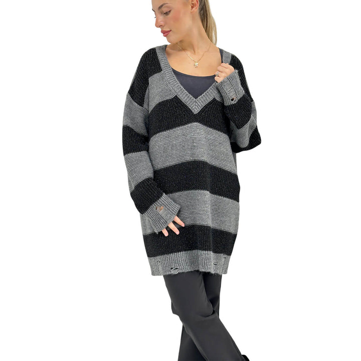 Relish, Maglia, Donna, Artemis, Maxi Righe, Viscosa, Nero Grigio