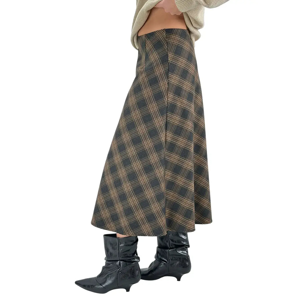 Bassini Gonna Donna Marrone e Beige a Ruota in Tessuto Tartan