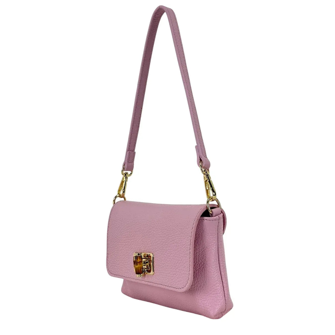 Bassini Borsa Donna Piccola in Pelle Rosa con Tracolla Rimovibile e Chiusura Girello Bambù