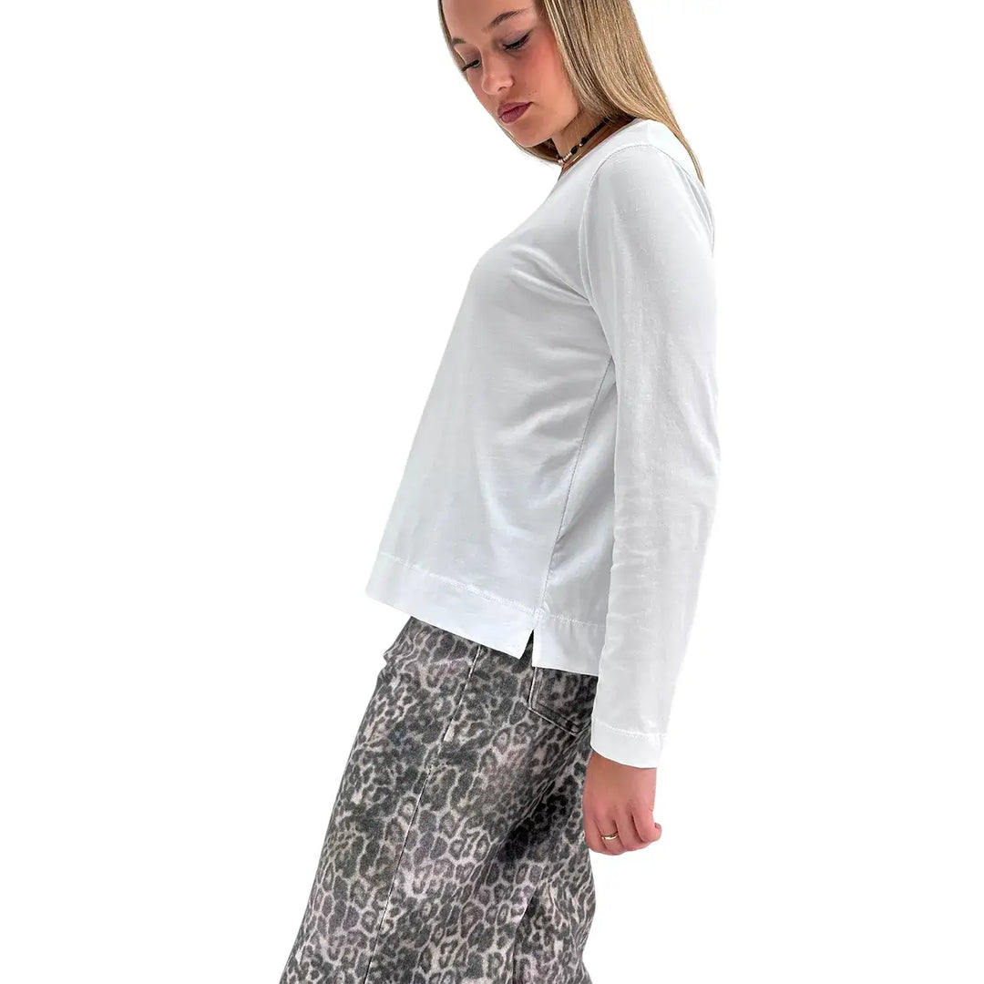 Bassini T-Shirt Donna Bianca a Maniche Lunghe con Girocollo e Spacchetti Laterali