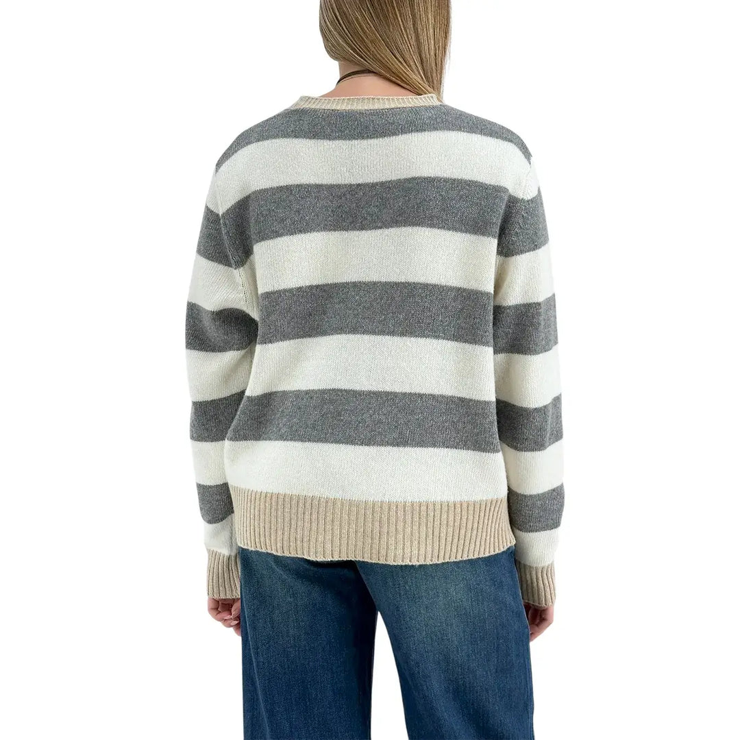 Bassini Cardigan Donna Grigio Latte e Cipria a Righe con Cinque Bottoni e Coste Beige