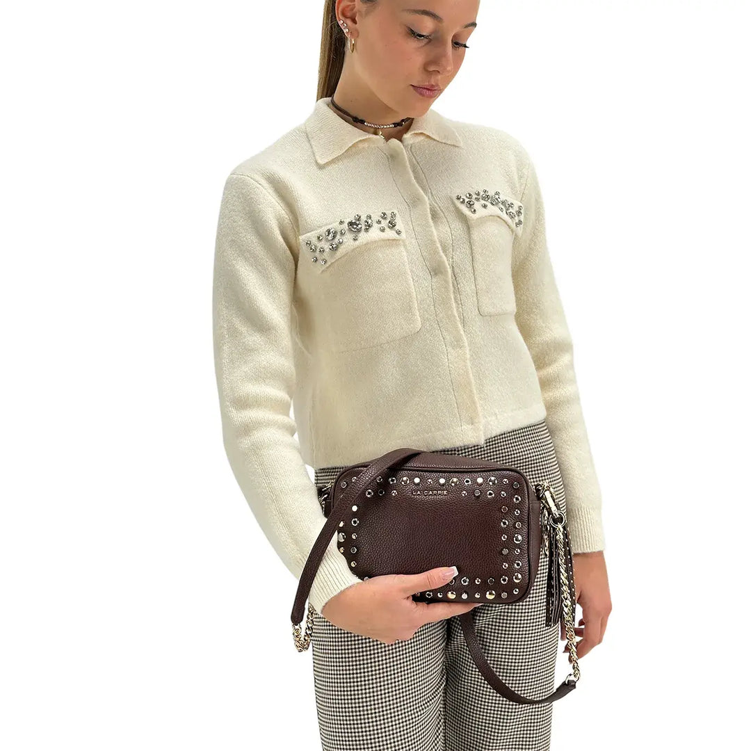 Koralline, Cardigan Polo, Donna, Tessuto Misto, Panna