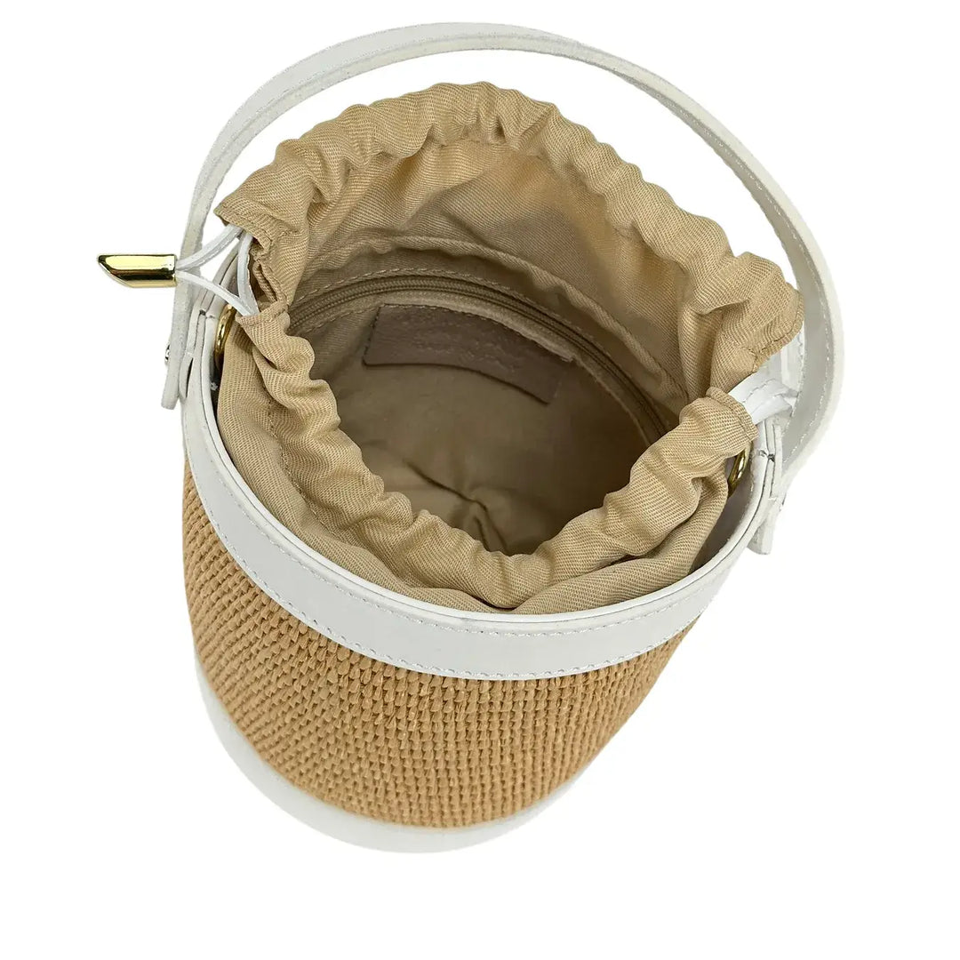 Bassini Borsa Donna Secchiello Piccola in Raffia e Pelle Bianca con Maniglia e Tracolla