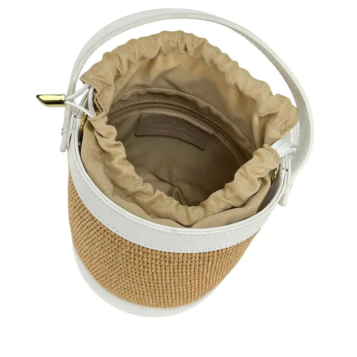 Bassini Borsa Donna Secchiello Piccola in Raffia e Pelle Bianca con Maniglia e Tracolla