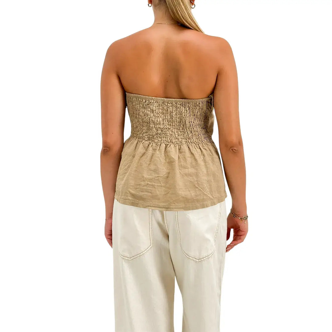 Bassini Top Donna Fango in Lino e Cotone con Scollo a Fascia Bottoni Frontali e Colletto Risvoltato
