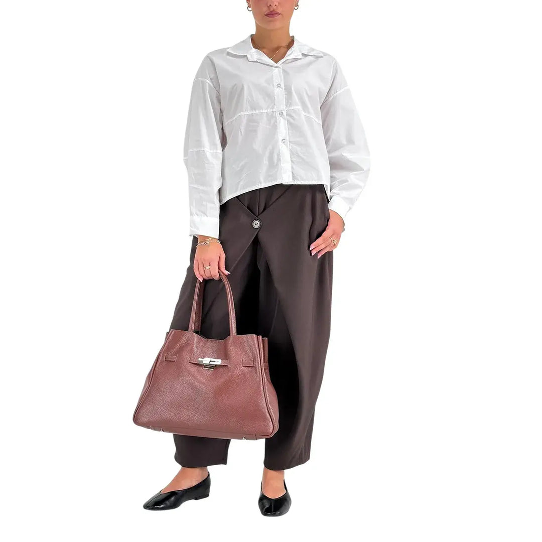 Bassini Pantaloni Donna Marroni a Portafoglio con Elastico in Vita e Cintura in Ecopelle