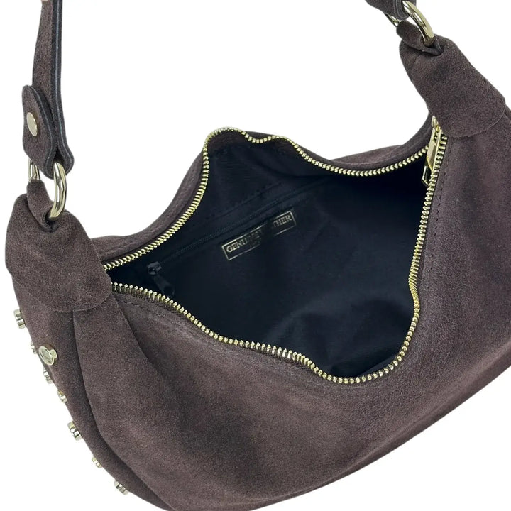 Bassini Borsa Donna Mezza Luna in Pelle Scamosciata con Borchie Oro e Tracolla Intercambiabile Cioccolato