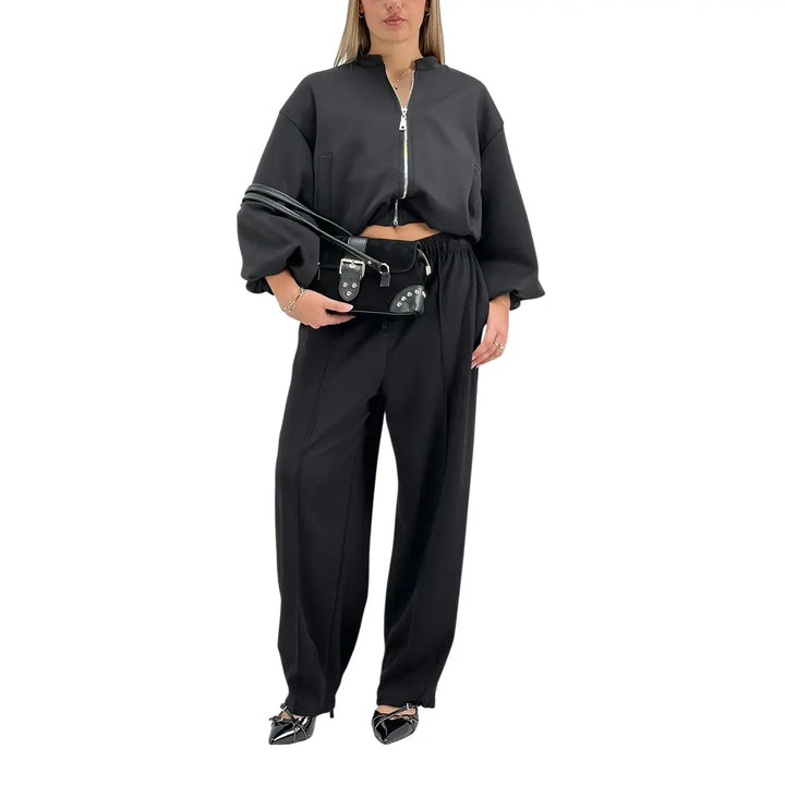 Bassini Pantaloni Donna Neri in Felpa Dritti Over con Coulisse e Tasche Laterali