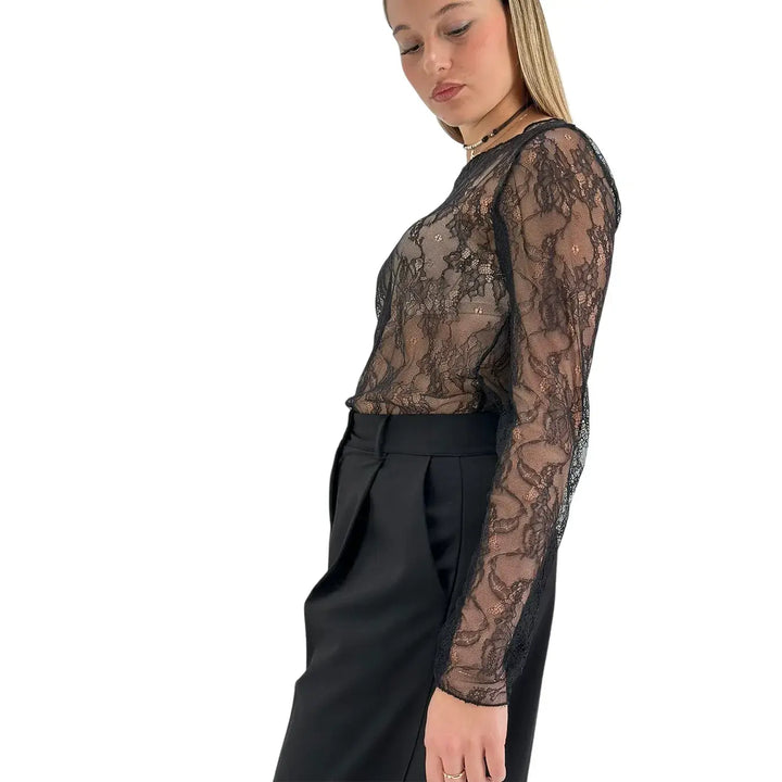 Bassini T-Shirt Donna Nera in Pizzo con Girocollo e Maniche Lunghe