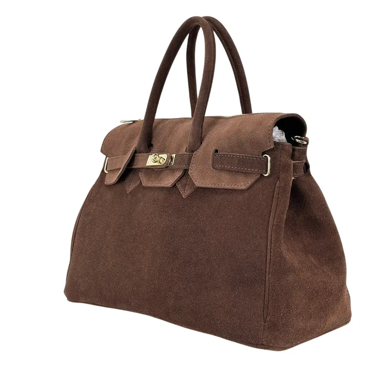 Bassini Borsa Donna in Pelle Scamosciata Castagna con Doppi Manici, Tracolla Rimovibile e Chiusura con Zip