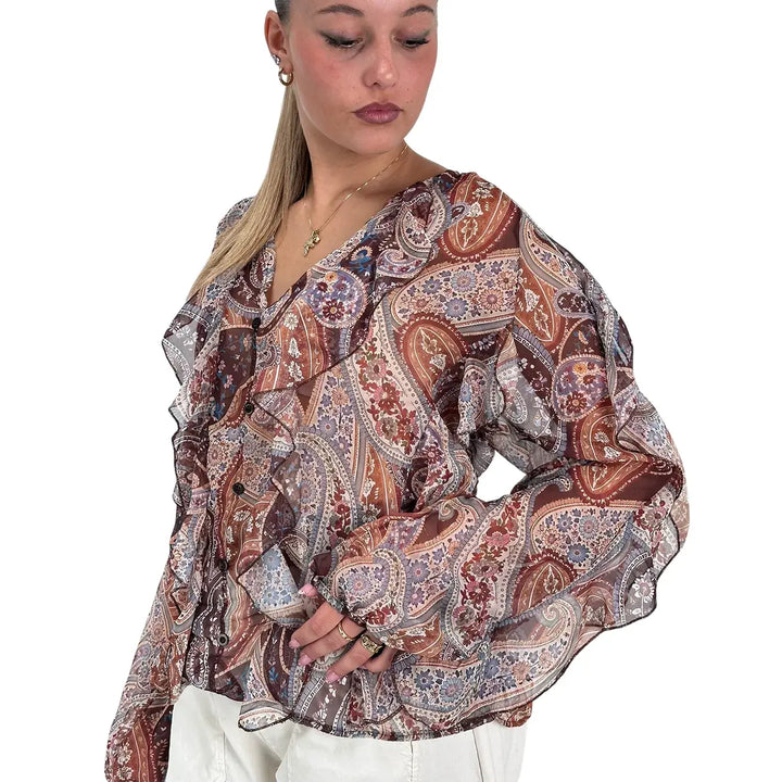 Bassini Blusa Donna Marrone con Stampa Cashmere, Scollo a V e Rouches sulle Maniche