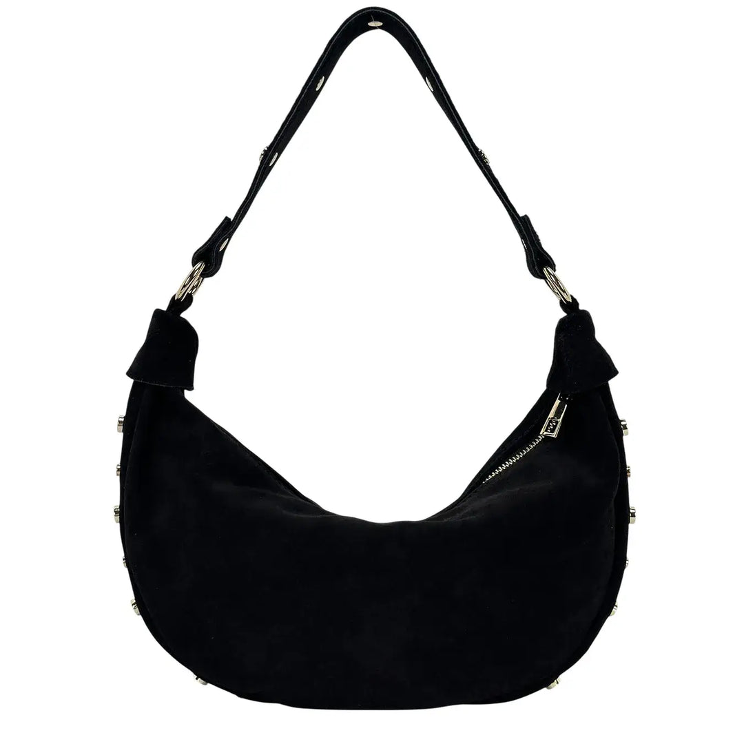 Bassini Borsa Donna Mezza Luna in Pelle Scamosciata con Borchie Oro e Tracolla Intercambiabile Nero