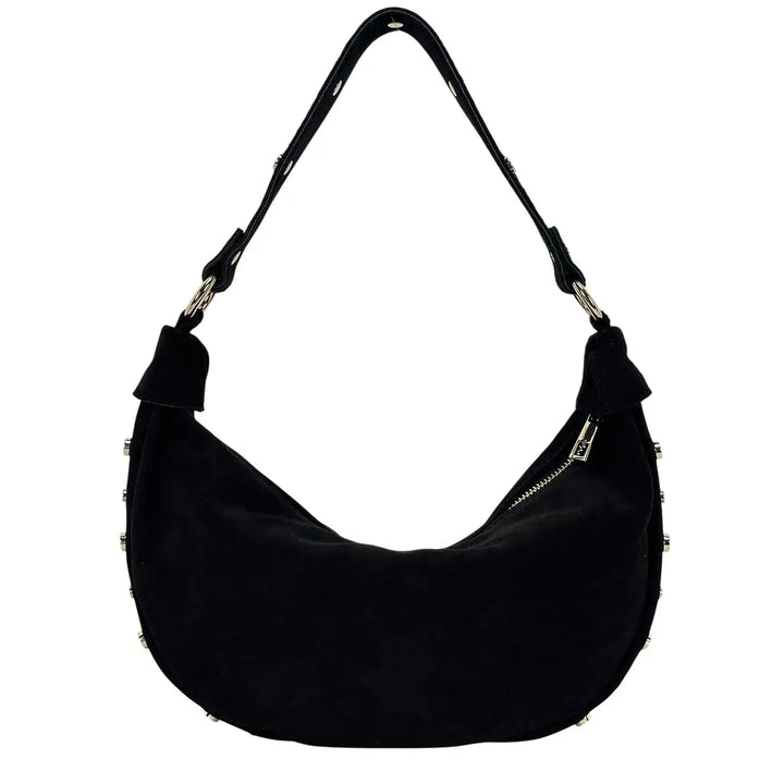 Bassini Borsa Donna Mezza Luna in Pelle Scamosciata con Borchie Oro e Tracolla Intercambiabile Nero